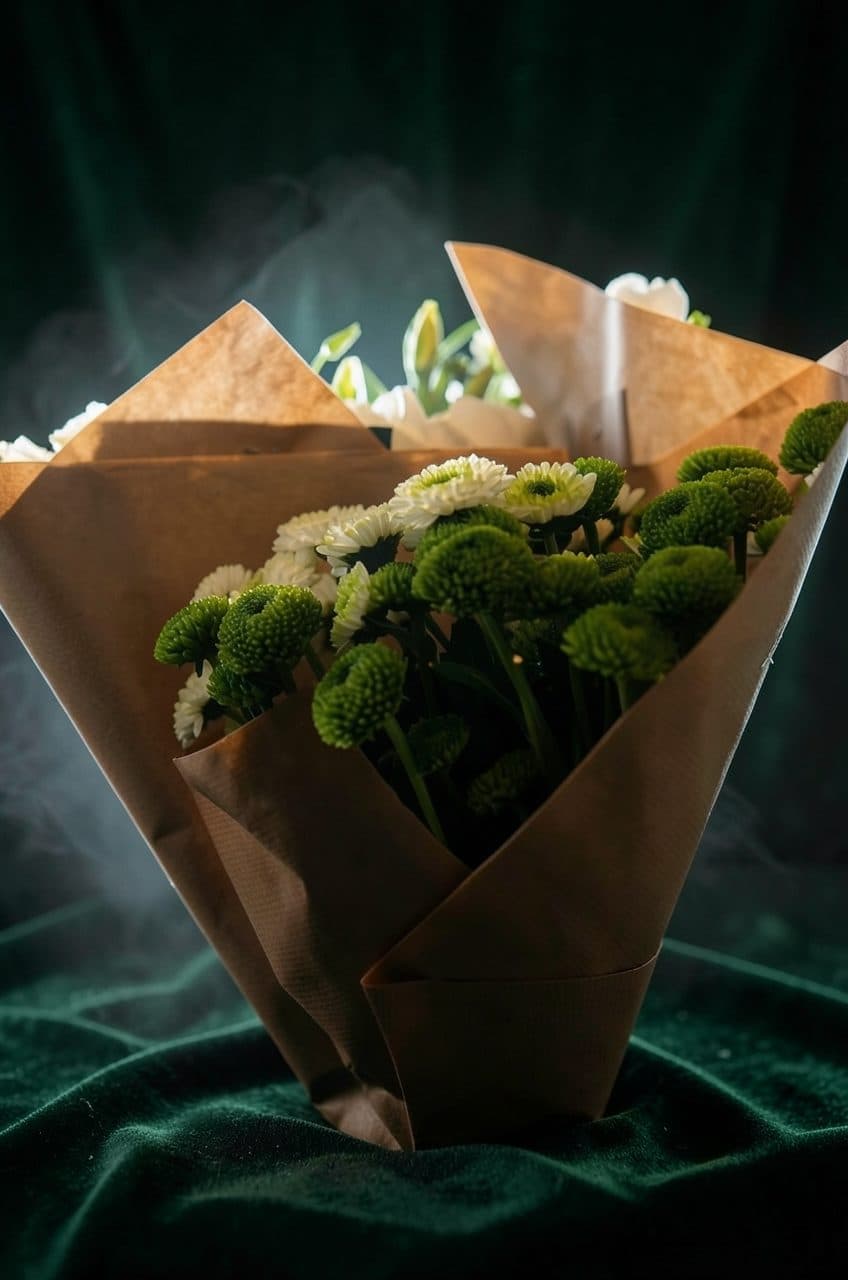 The same bouquet on dark green velvet with rim light and mist