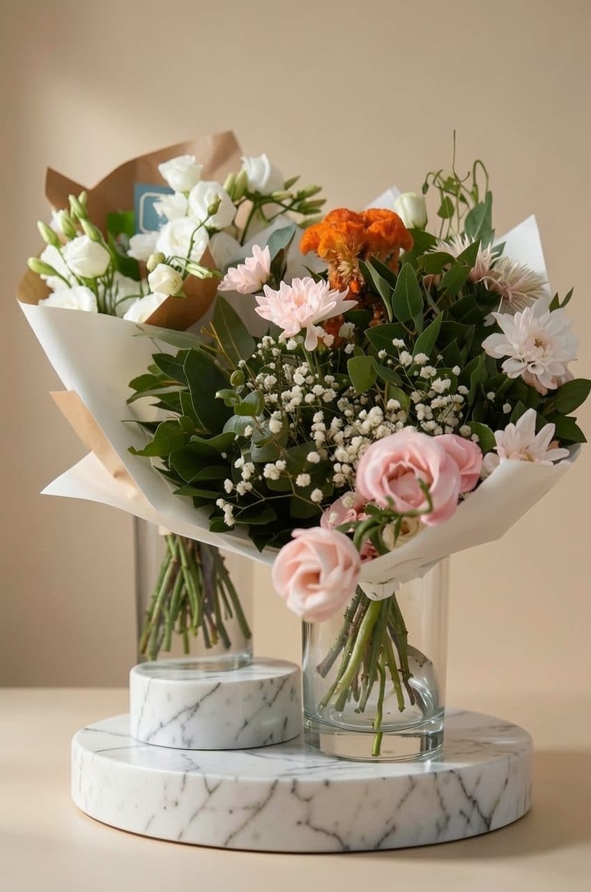 The same bouquets on a marble pedestal in a studio set