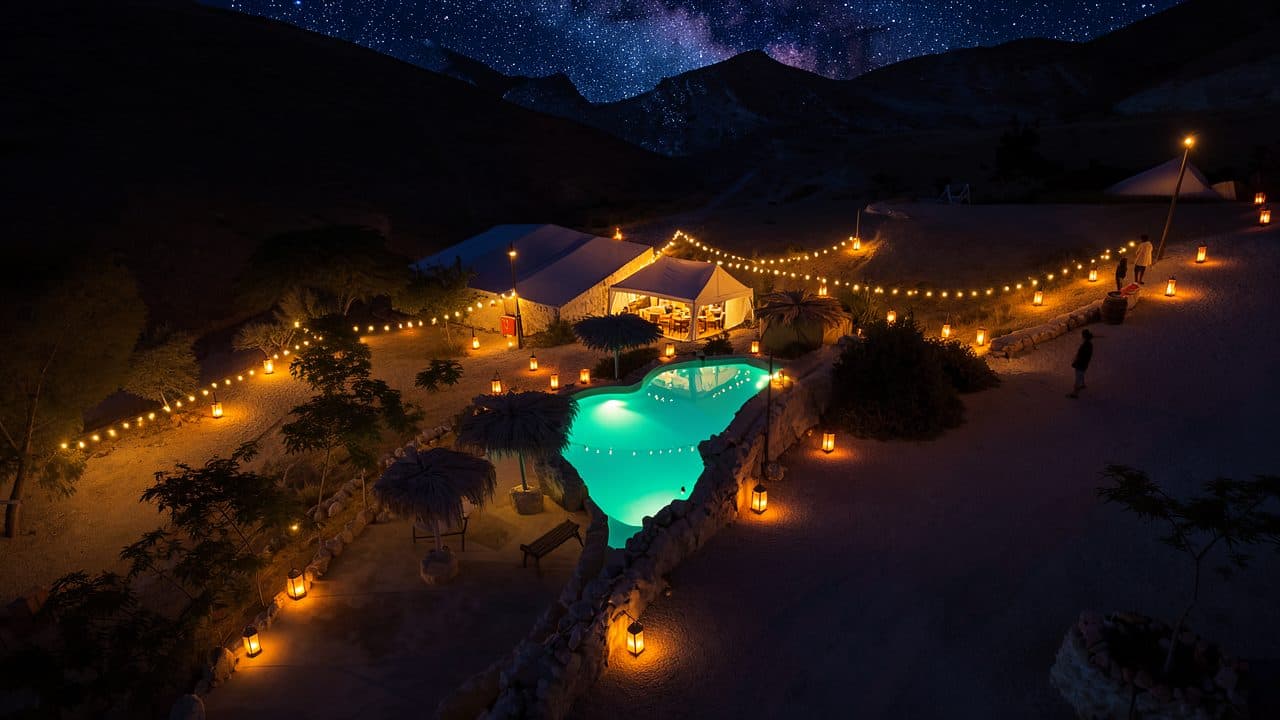 The same venue at night with lanterns, string lights and a glowing pool