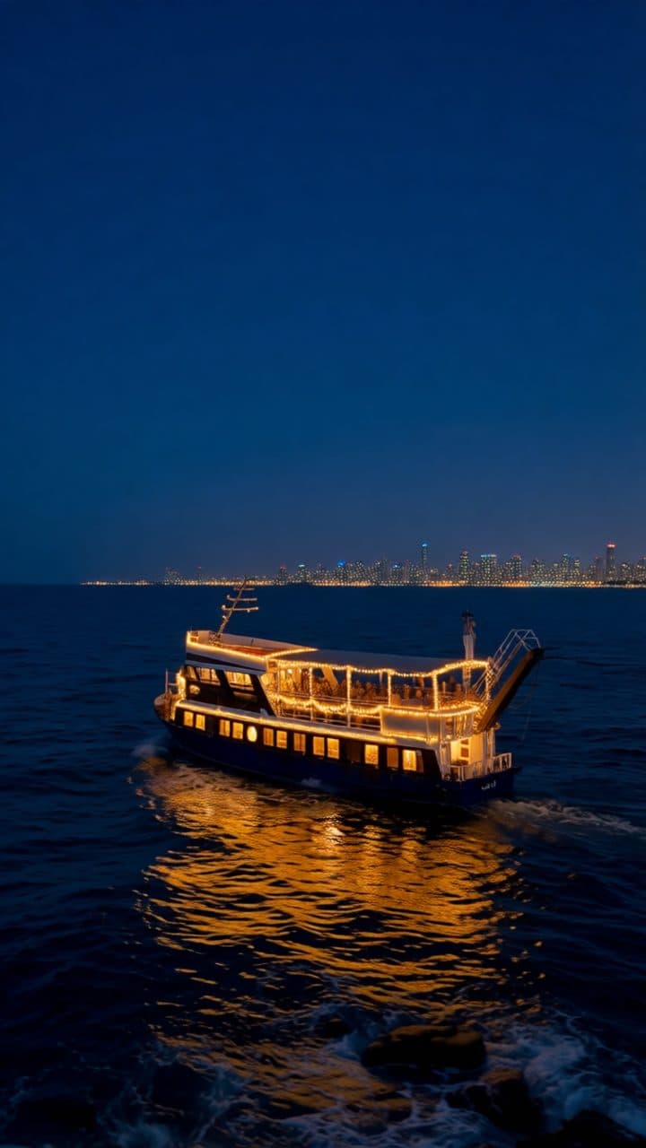 The same boat at night lit with string lights