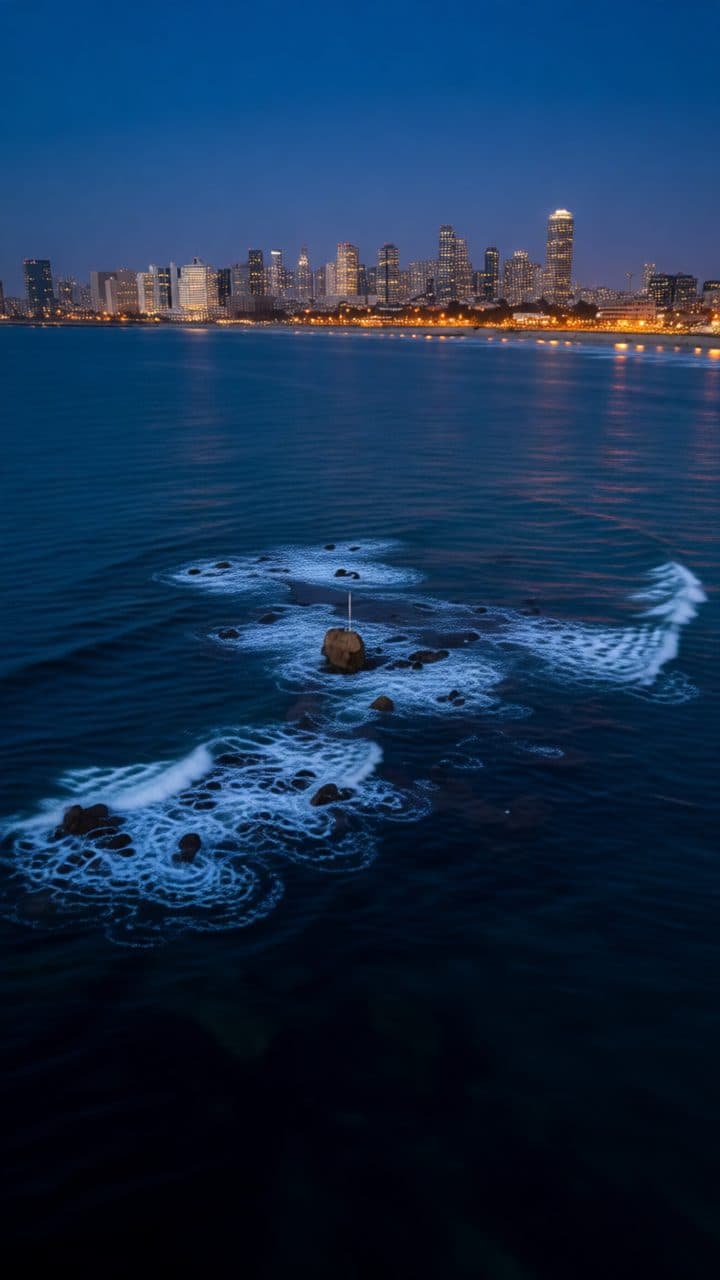 The same view at blue hour with the skyline lit