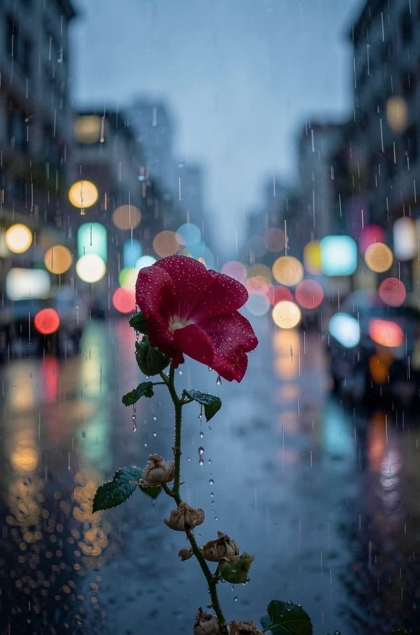 The same flower with rain drops and city lights behind