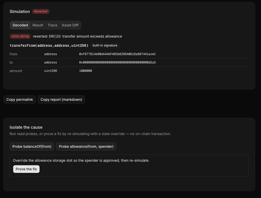 Отладчик показывает упавшую симуляцию: строка ошибки 'ERC20: transfer amount exceeds allowance', декодированный вызов transferFrom с аргументами from, to и amount, и панель прощупывания «Isolate the cause»
