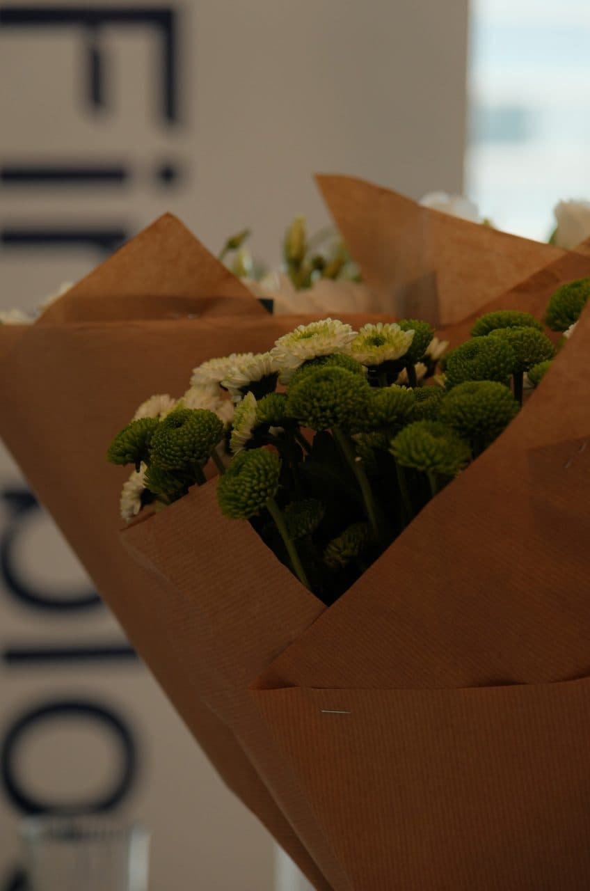 A wrapped bouquet in a shop