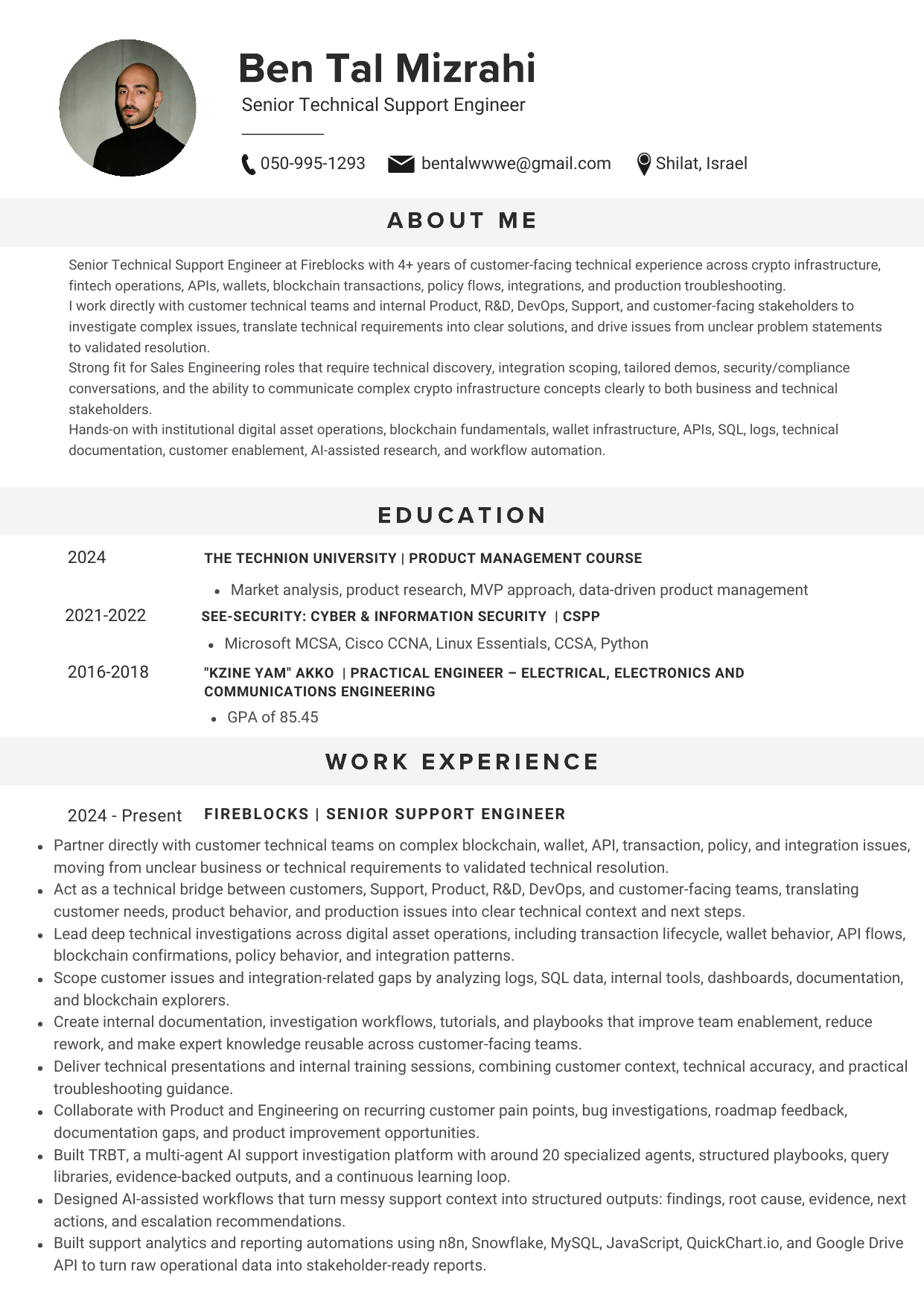 Preview of page 1 of Ben Tal Mizrahi's designed résumé